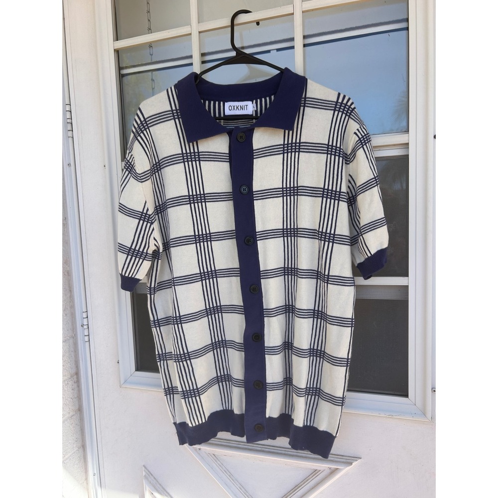 OxKnit Men's Dark Blue Vintage Striped Retro Jacquard knitted Cardigan Large